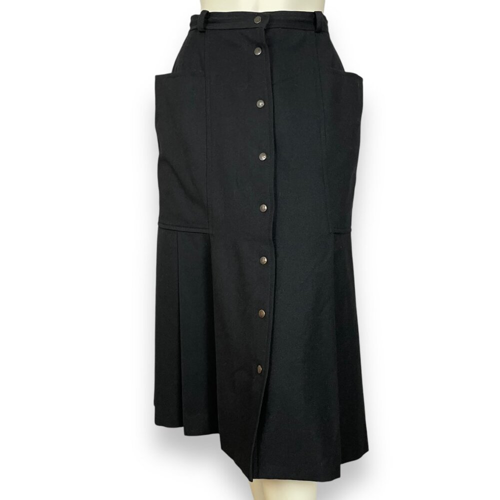 Vintage Henri Luc‎ Chapuis H-L Wool Skirt Pleated Black Lined Wide Pockets Snaps